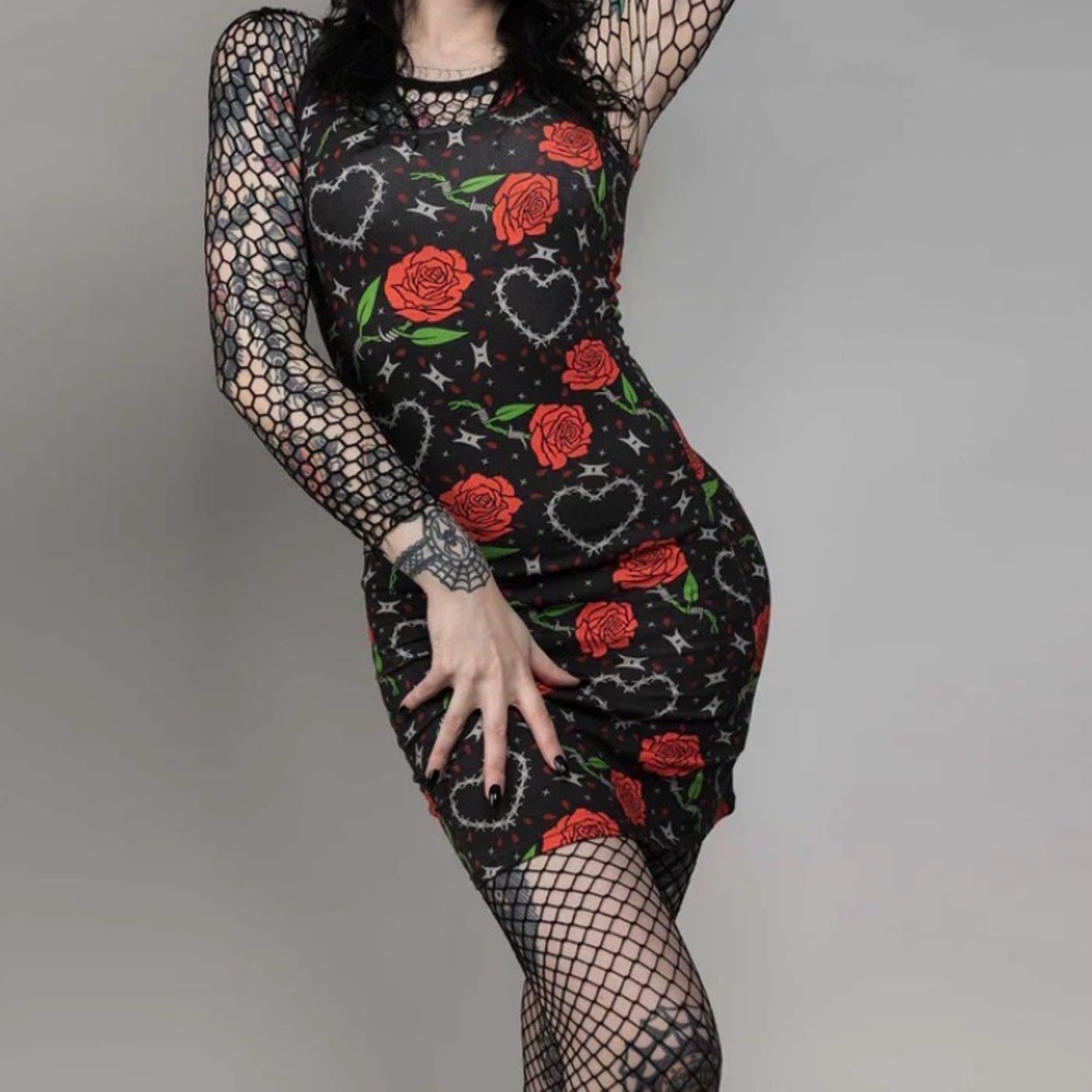 Sourpuss Black Rose Heart Print Bodycon Dress